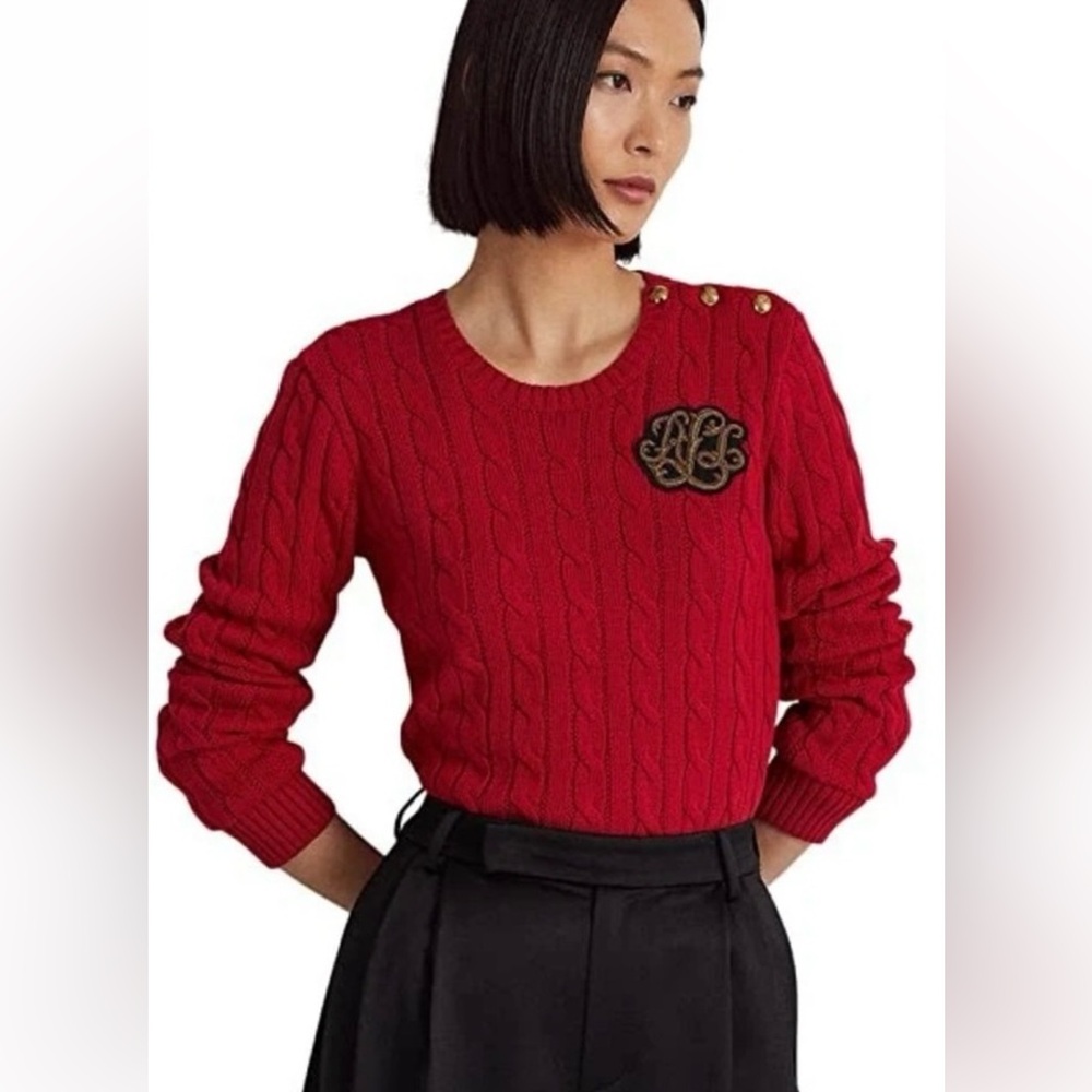 Ralph Lauren cable-knit crewneck w crest-buttons and a signature "LRL" bullion